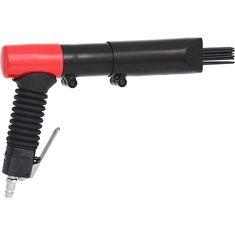 Un burin pneumatique rouge et noir sur fond blanc. L'outil a une poignée et une buse avec des pointes métalliques.
